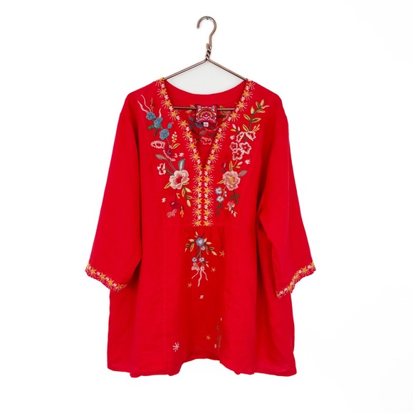 Johnny Was Tops - Johnny Was Womens 2X Red Floral Embroidered V Neck Peasant Tunic Blouse